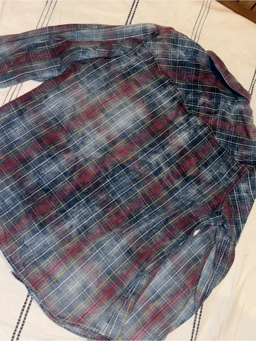 True Religion button-down shirt: plaid pattern: pearl button snaps: western